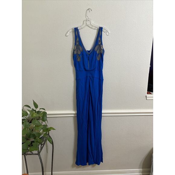 badgley mischka , Blue Long Floral Dress, Formal, Embellished, Stretchy, Size 0 - Picture 4 of 6